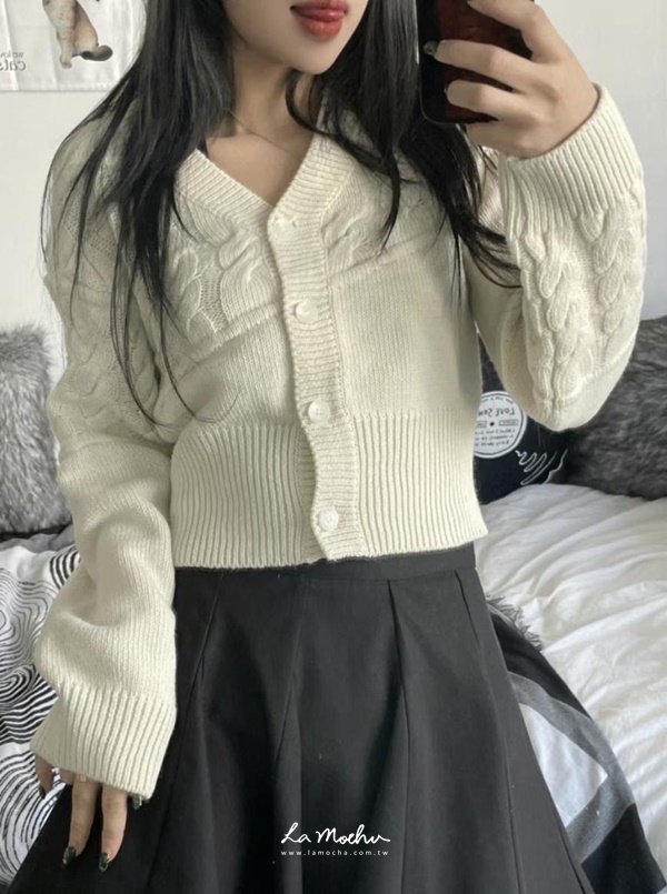 麻花混坑條V領外套